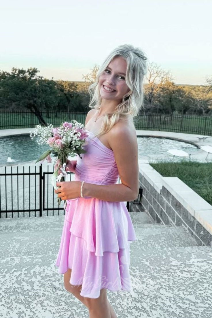 Ruched Strapless Ruffle Pink Tiered Chiffon A-line Homecoming Dress GM726