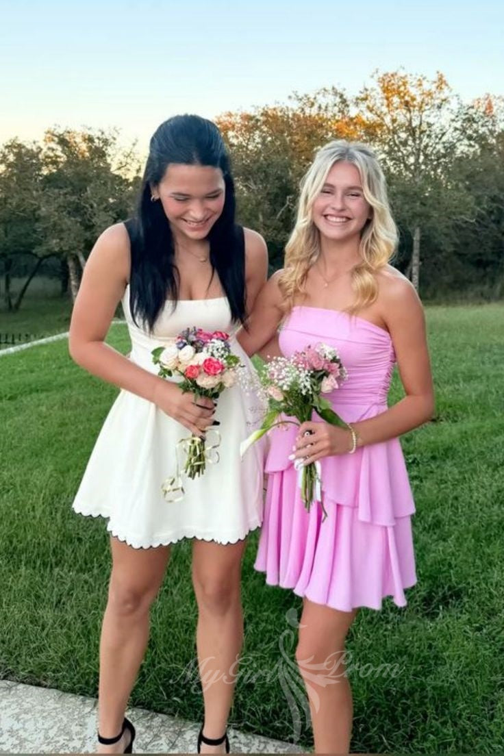 Ruched Strapless Ruffle Pink Tiered Chiffon A-line Homecoming Dress GM726