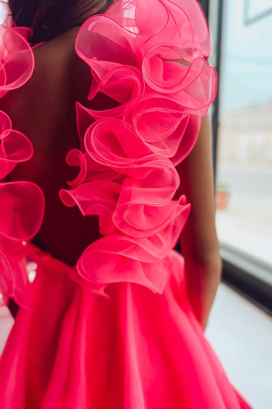 Ruffled Straps Hot Pink Ruched A-line Short Homecoming Dresses GM676