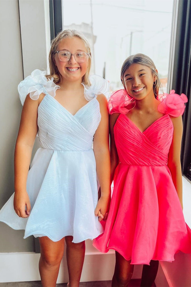 Ruffled Straps Hot Pink Ruched A-line Short Homecoming Dresses GM676