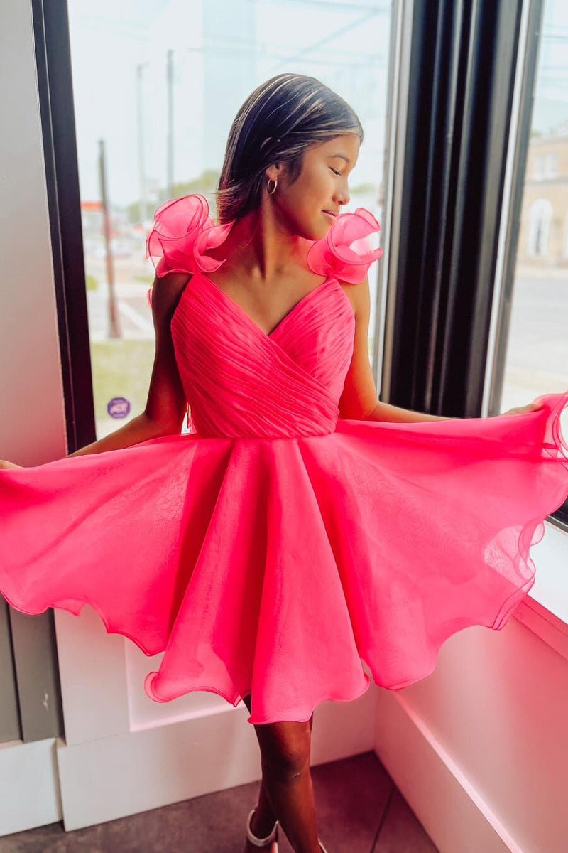 Ruffled Straps Hot Pink Ruched A-line Short Homecoming Dresses GM676