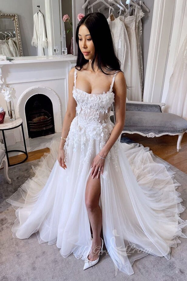 Rustic Wedding Dresses A Line Floral Appliques Tulle Bridal Dress with Slit PW574