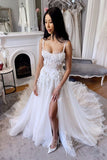 Rustic Wedding Dresses A Line Floral Appliques Tulle Bridal Dress with Slit PW574