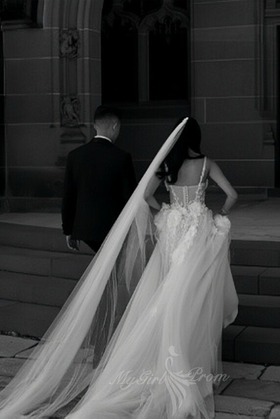 Rustic Wedding Dresses A Line Floral Appliques Tulle Bridal Dress with Slit PW574