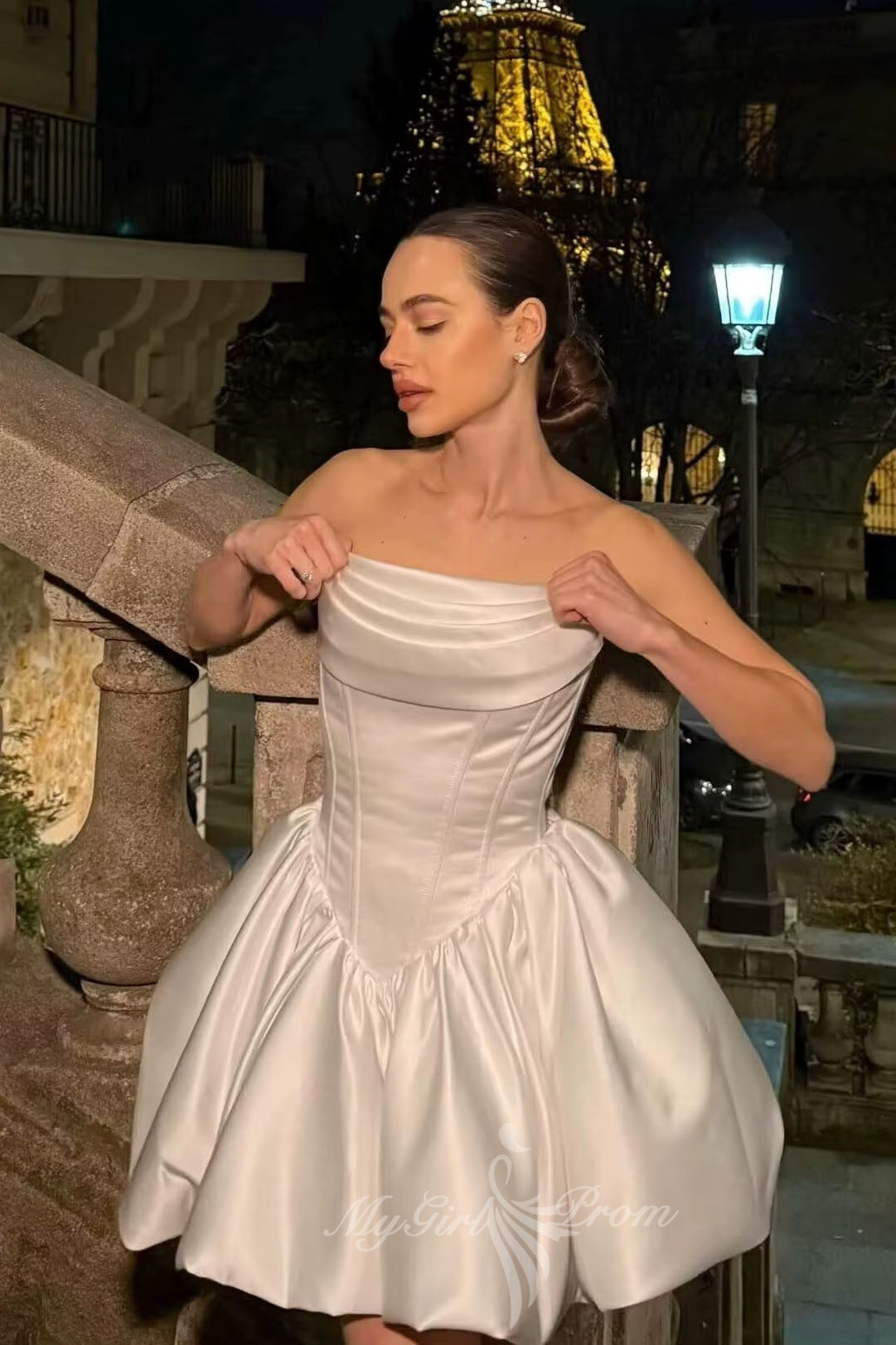 Satin Pink Short Homecoming Dress Ruched Strapless Bubble Party Dresses GM741