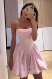 Satin Pink Short Homecoming Dress Ruched Strapless Bubble Party Dresses GM741