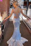 sequin light blue cut out lace up prom dress mermaid long evening gown