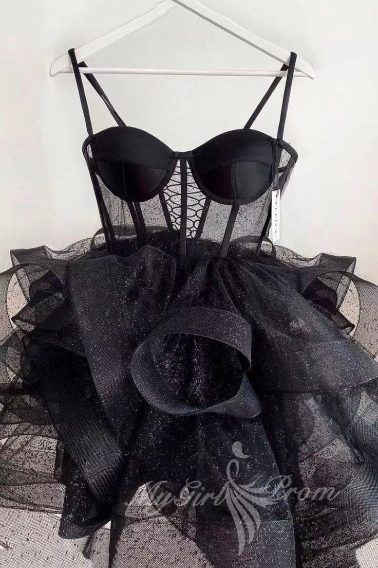 shiny black straps tulle homecoming dresses with layers mini party dress