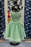 Shiny Green Tulle Homecoming Dress With Appliques, Glitter Short Party Dress GM673