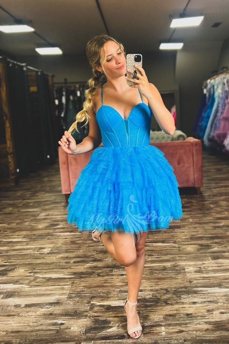 Straps Sweetheart Blue Tulle Ruffle A-Line Short Tulle Homecoming Dress GM734