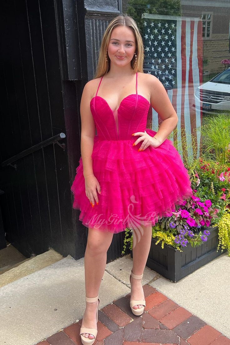 Straps Sweetheart Blue Tulle Ruffle A-Line Short Tulle Homecoming Dress GM734