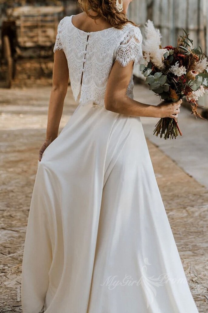 Short Sleeves Bateau Lace Satin Two Piece Bohemian Wedding Dress PW569