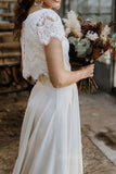 Short Sleeves Bateau Lace Satin Two Piece Bohemian Wedding Dress PW569