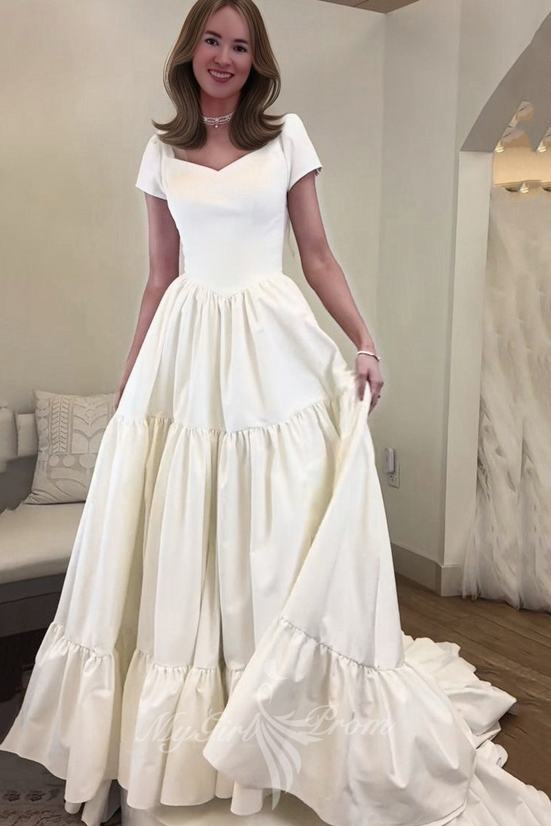 Elegant Short Sleeves V-neck Pleated Ivory Satin A-line Wedding Dress PW601