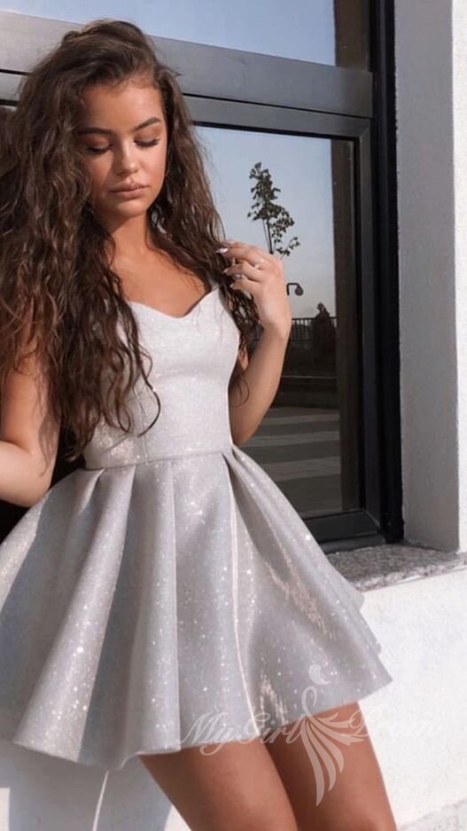 short v neck glitter a line mini homecoming dress silver short prom dress