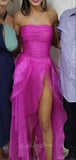 simple hot pink organza strapless prom dresses long slit evening gown