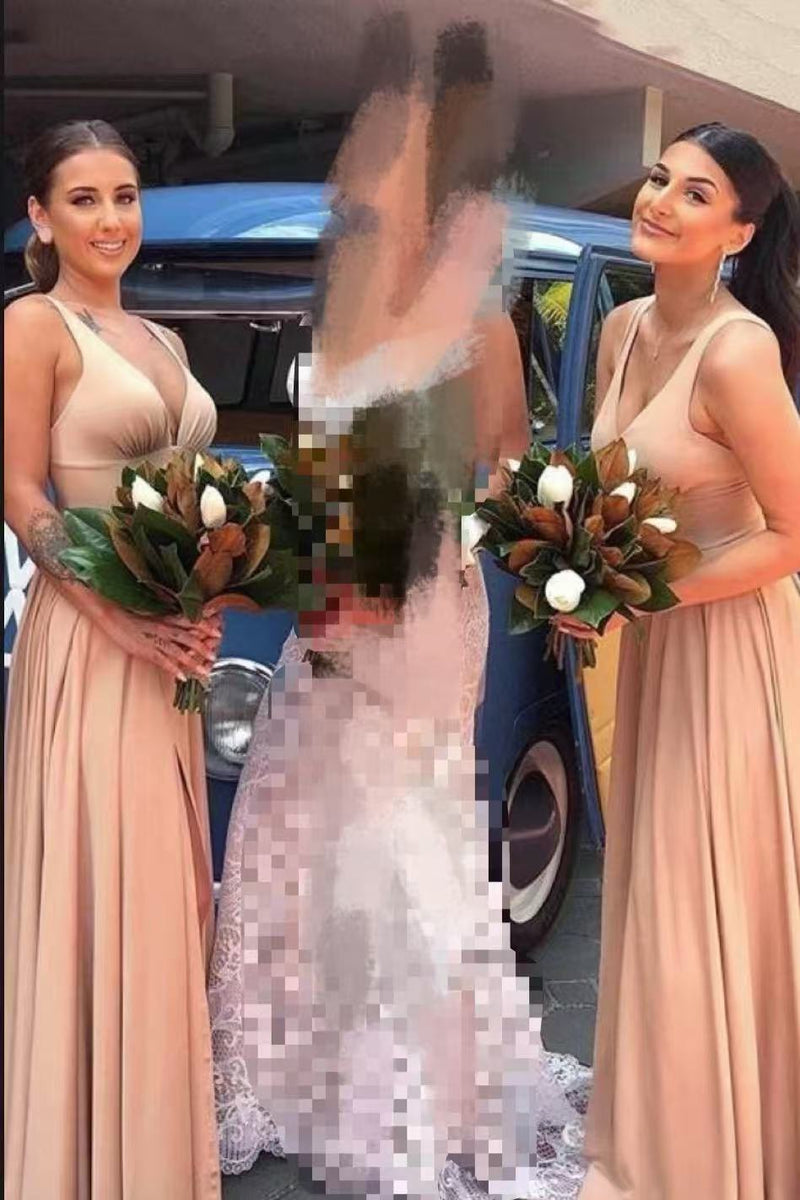 Simple Long Bridesmaid Dresses A-line Wedding Guest Dress With Split PB74