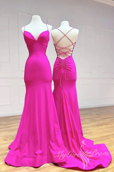 simple spaghetti straps pink mermaid long prom dress backless evening gown
