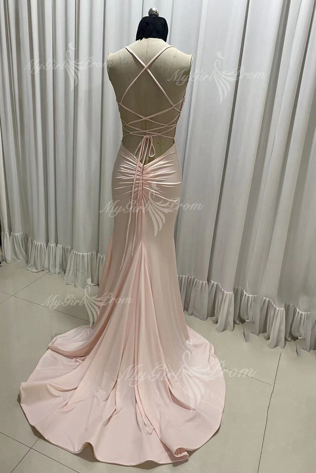 simple spaghetti straps pink mermaid long prom dress backless evening gown