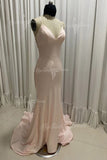 simple spaghetti straps pink mermaid long prom dress backless evening gown
