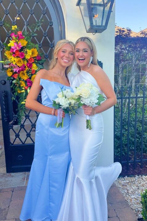 sky blue bowknot satin prom dress long sheath bridesmaid dresses