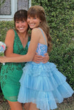 Sky Blue V Neck A-line Layered Sequin Tulle Homecoming Dress GM686