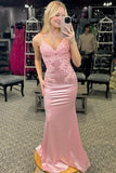 Spaghetti Pink Mermaid Appliques Prom Dresses, Backless Evening Dress GP705