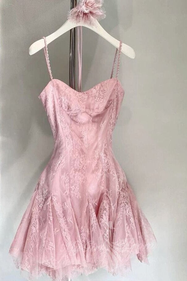 Spaghetti Straps A-Line Lace Pink Homecoming Dresses Tight Party Gown GM728