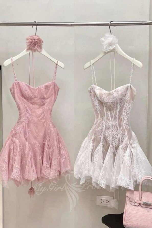 Spaghetti Straps A-Line Lace Pink Homecoming Dresses Tight Party Gown GM728