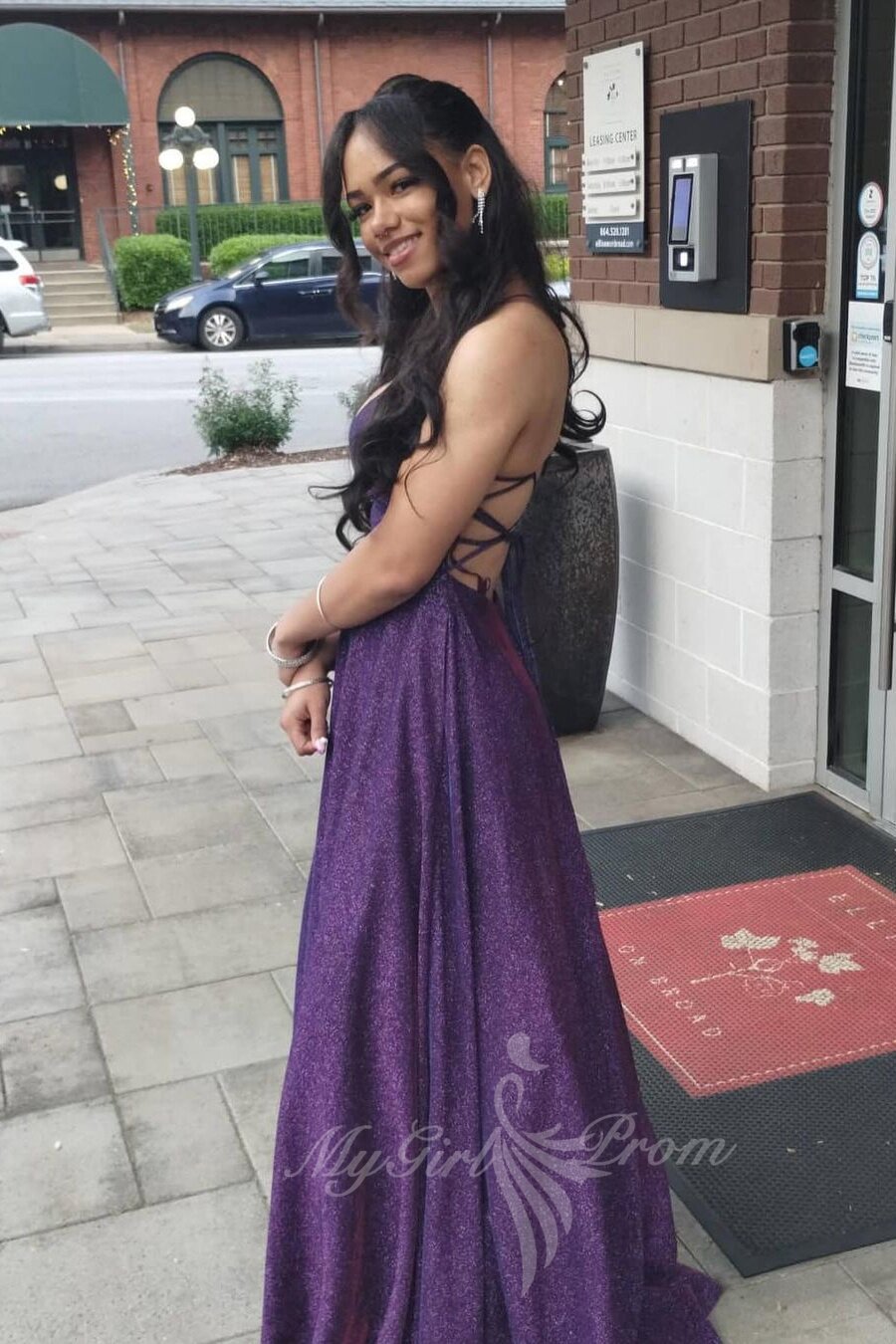 Spaghetti Straps A Line Prom Dress Purple Sequin Backless Evening Gowns GP734