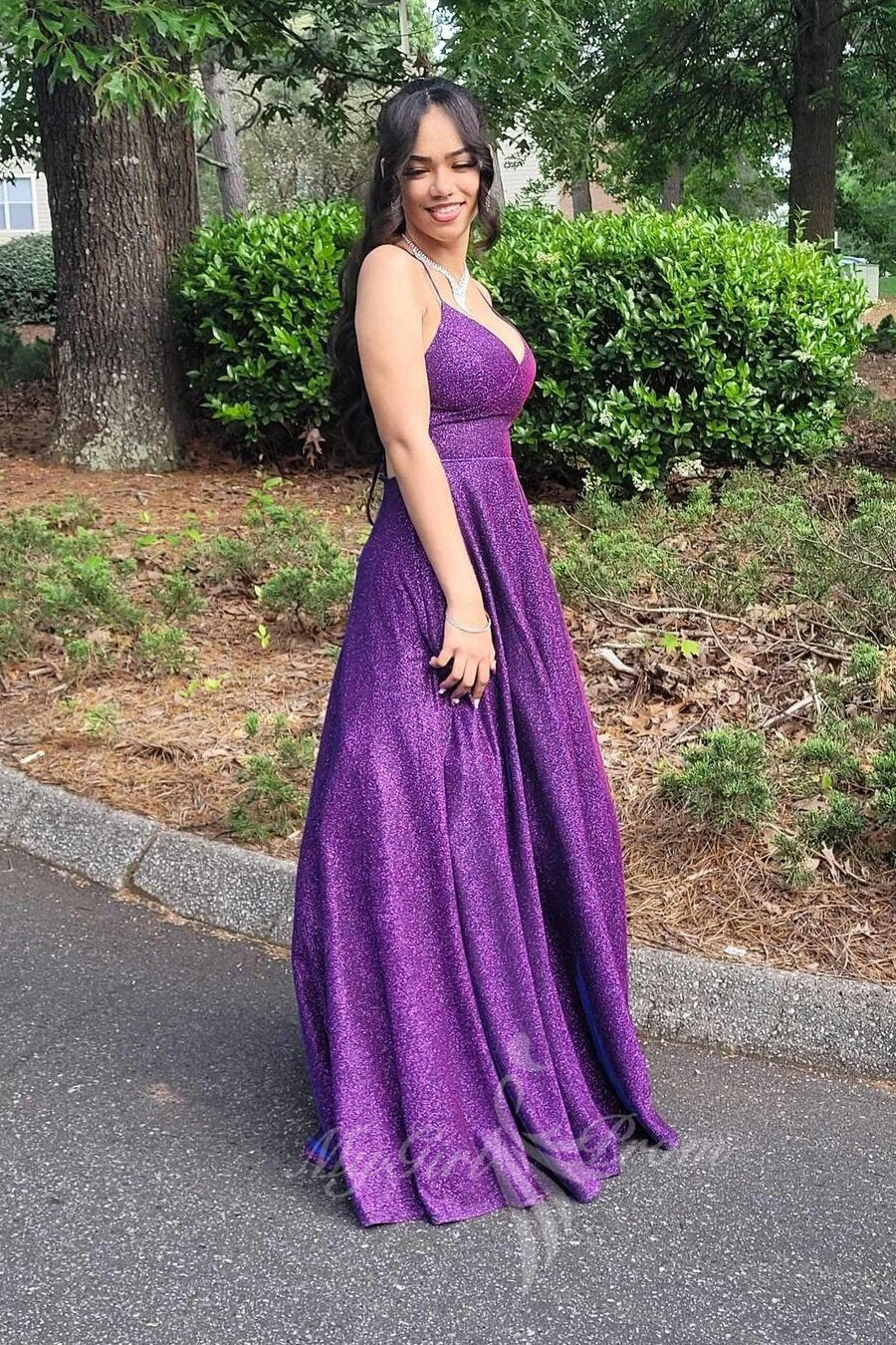 Spaghetti Straps A Line Prom Dress Purple Sequin Backless Evening Gowns GP734