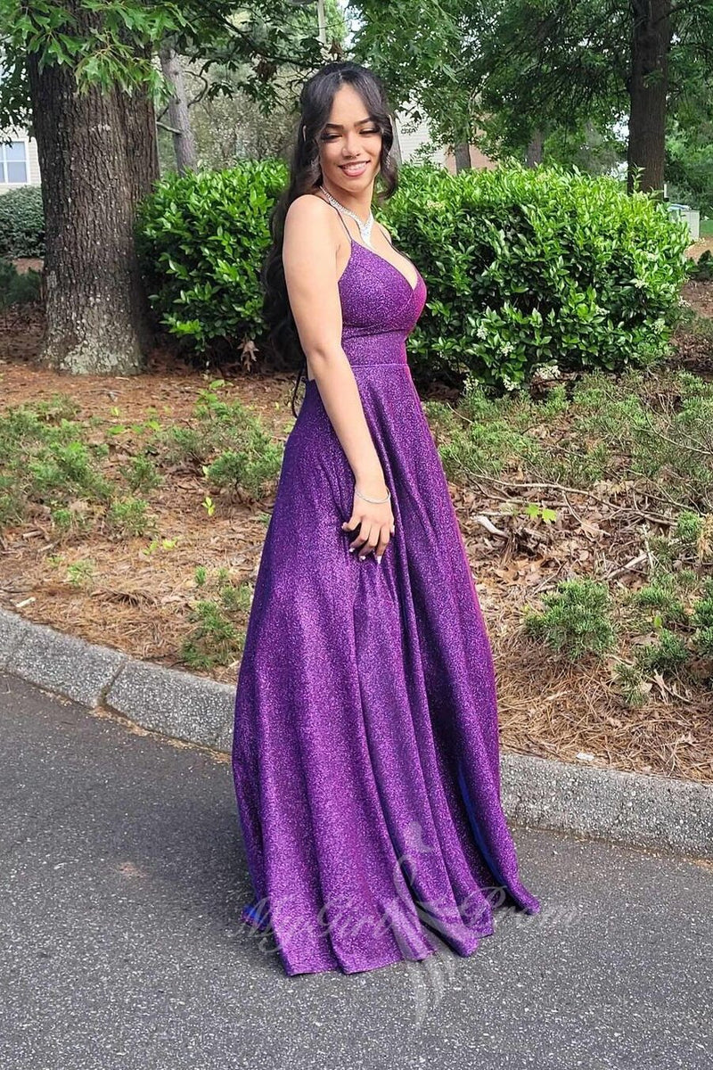 Spaghetti Straps A Line Prom Dress Purple Sequin Backless Evening Gowns GP734
