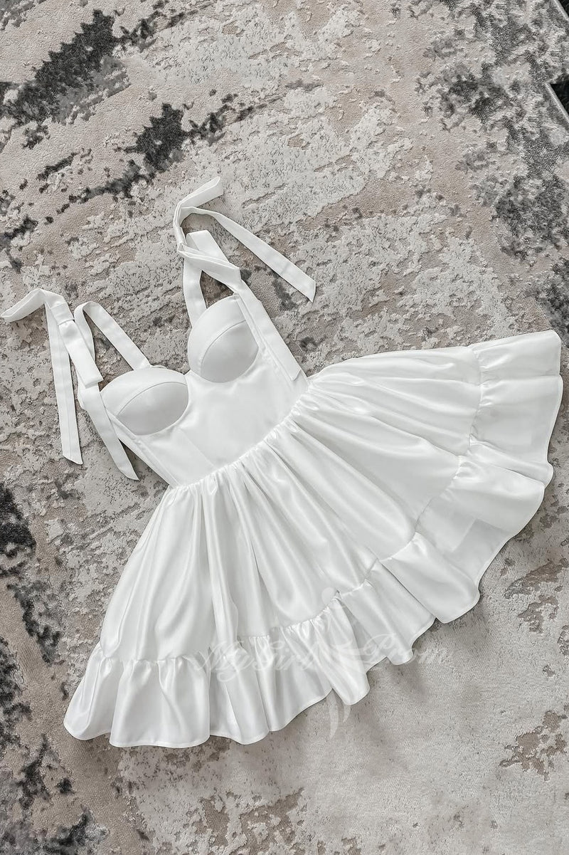 Spaghetti Straps Bow A line Homecoming Dress Ivory Short Party Dress GM725