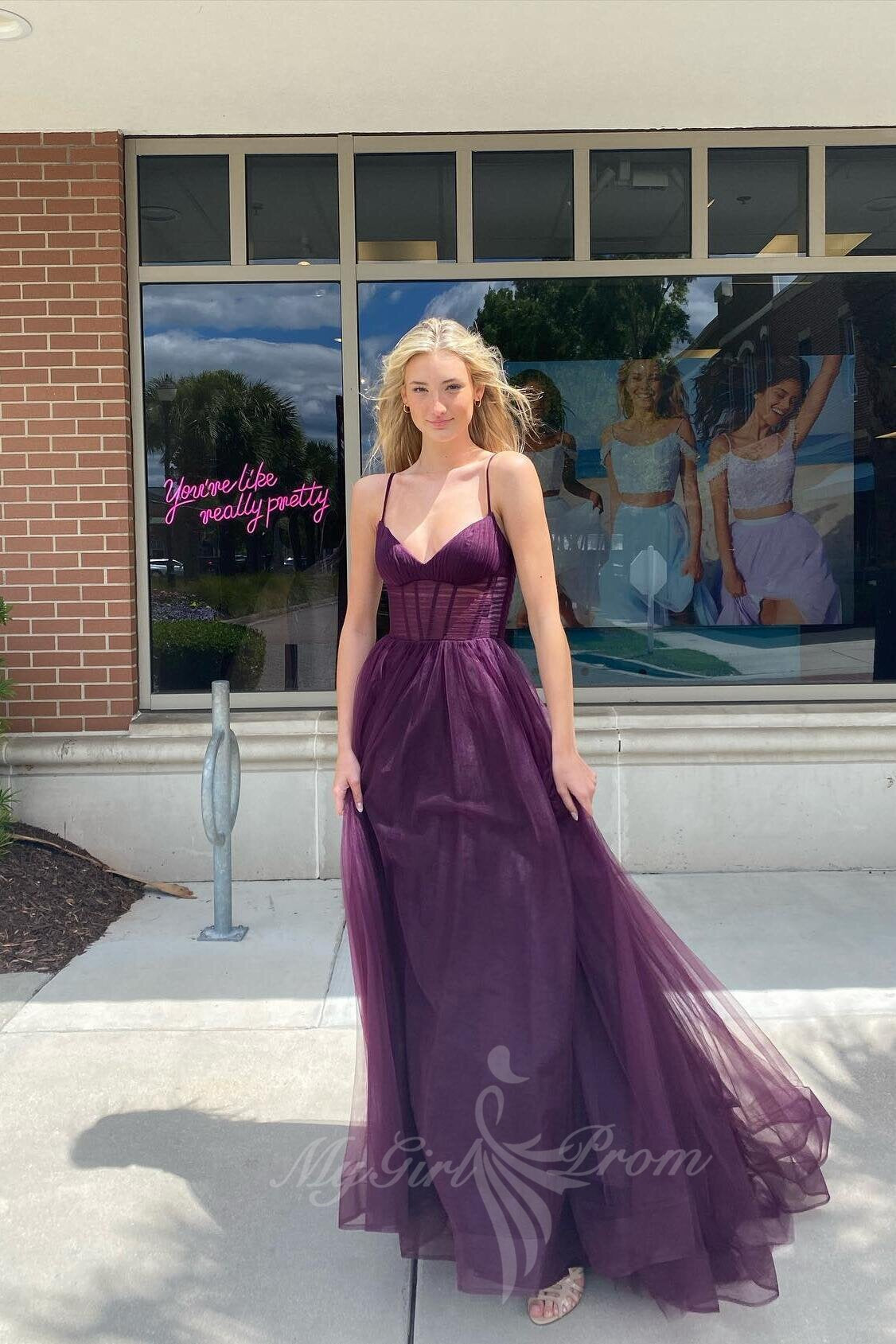 Spaghetti Straps Navy Blue Tulle Corset Prom Dress A Line Evening Gowns GP724