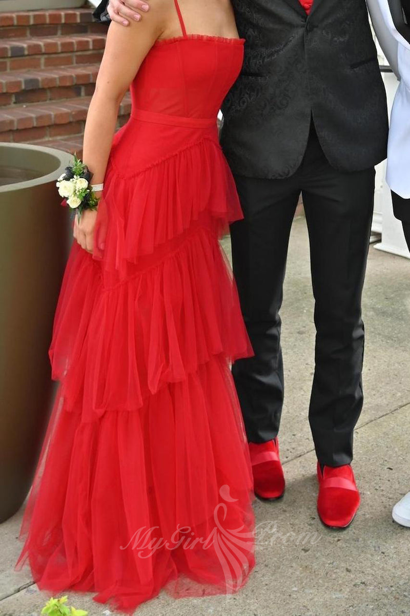 Spaghetti Straps Red Tulle Prom Dress Princess Evening Gowns with Ruffles GP722