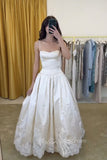 Spaghetti Straps Satin Lace Appliques Sleeveless A-Line Wedding Dresses PW605