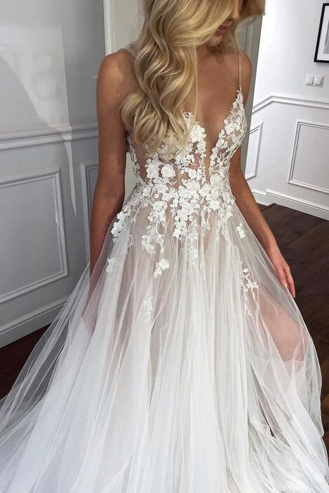 Spaghetti Straps V-Neck Lace Appliques Sheer A-line Tulle Beach Wedding Dress PW492
