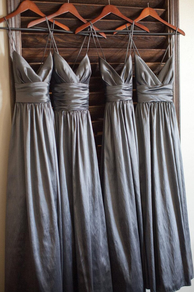 Spaghetti Straps V-neck Satin Long Grey Bridesmaid Dresses GB381