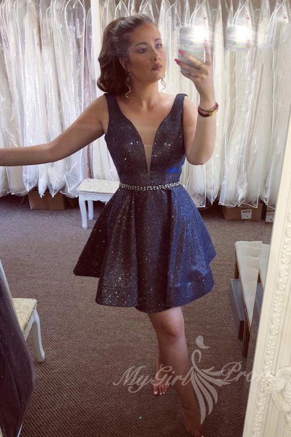 sparkly dark blue a line short homecoming dress v neck graduation dress