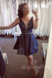 sparkly dark blue a line short homecoming dress v neck graduation dress