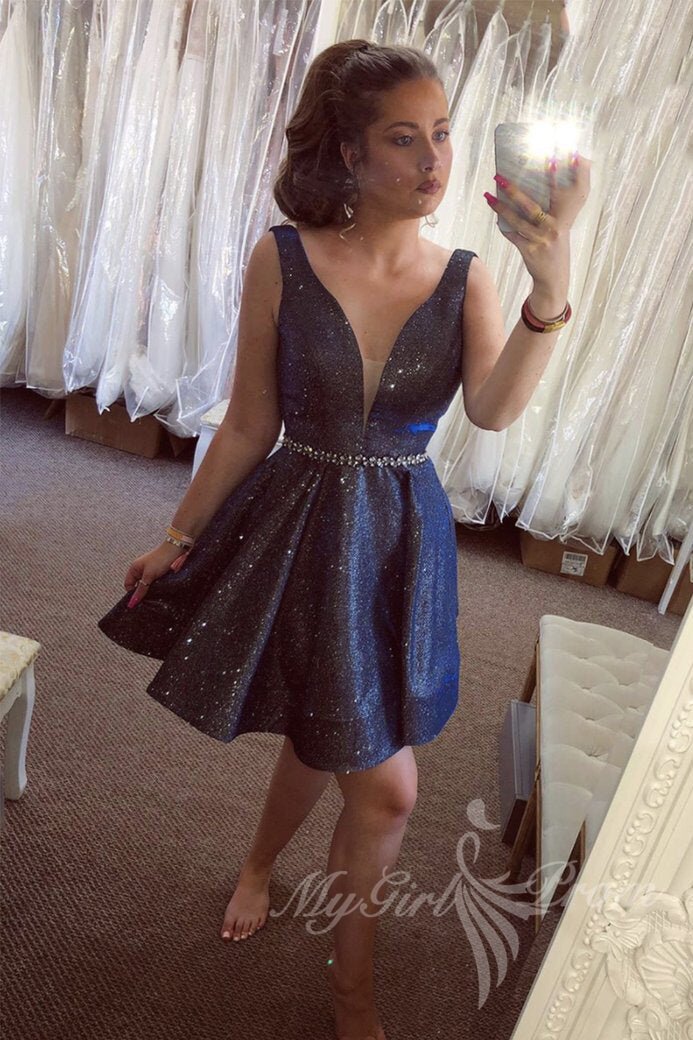 sparkly dark blue a line short homecoming dress v neck graduation dress