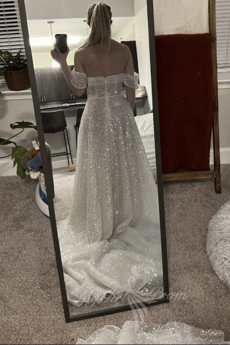 Sparkly Off the Shoulder Wedding Dresses A-line Sequin Sweetheart Bridal Gown PW596