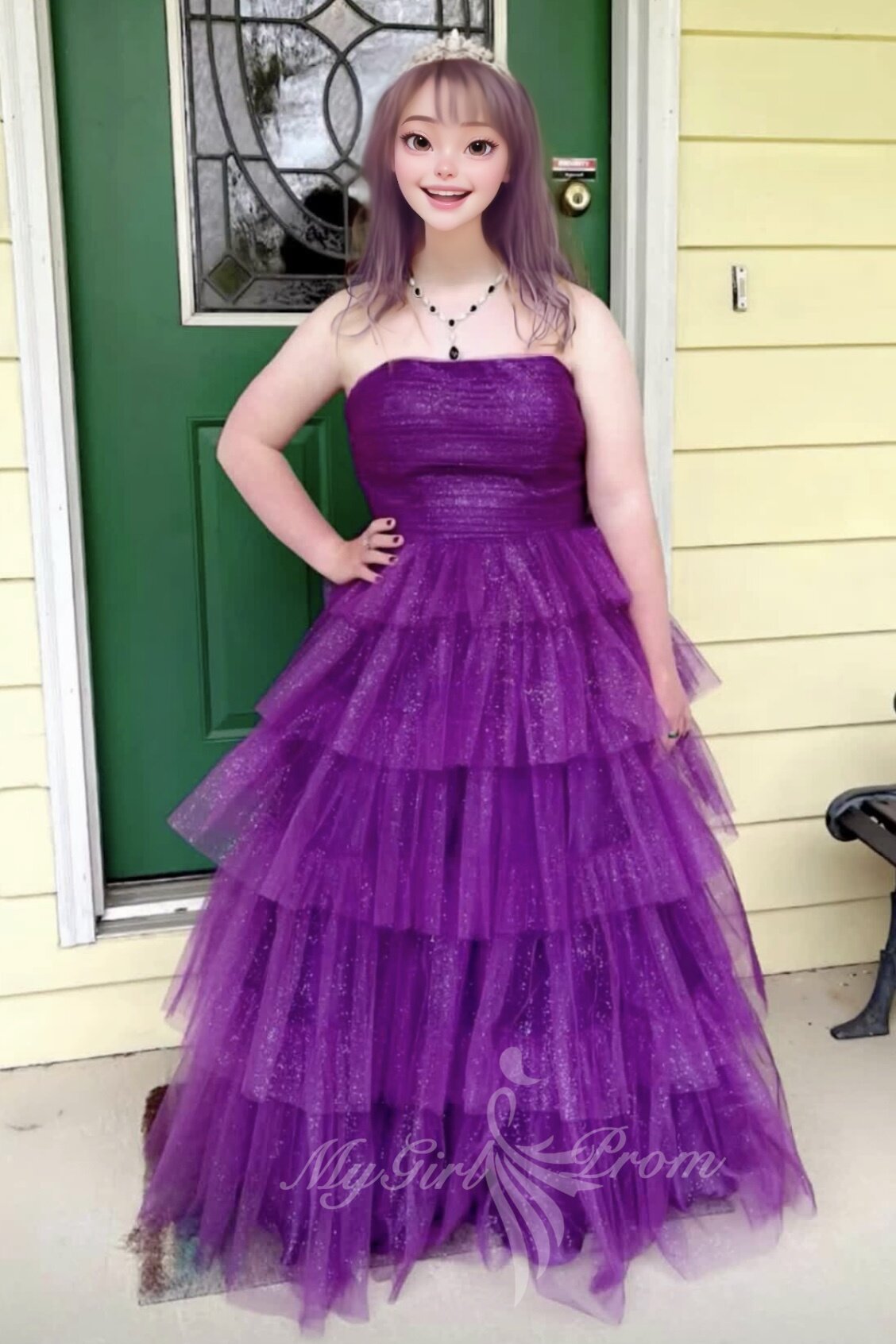 Sparkly Strapless Purple Ruffles Prom Dress A Line Tulle Evening Gowns GP732