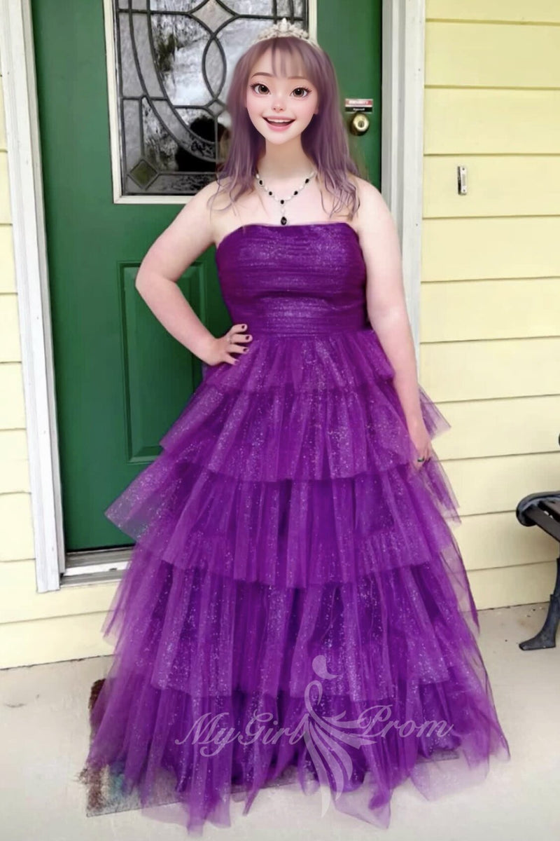 Sparkly Strapless Purple Ruffles Prom Dress A Line Tulle Evening Gowns GP732