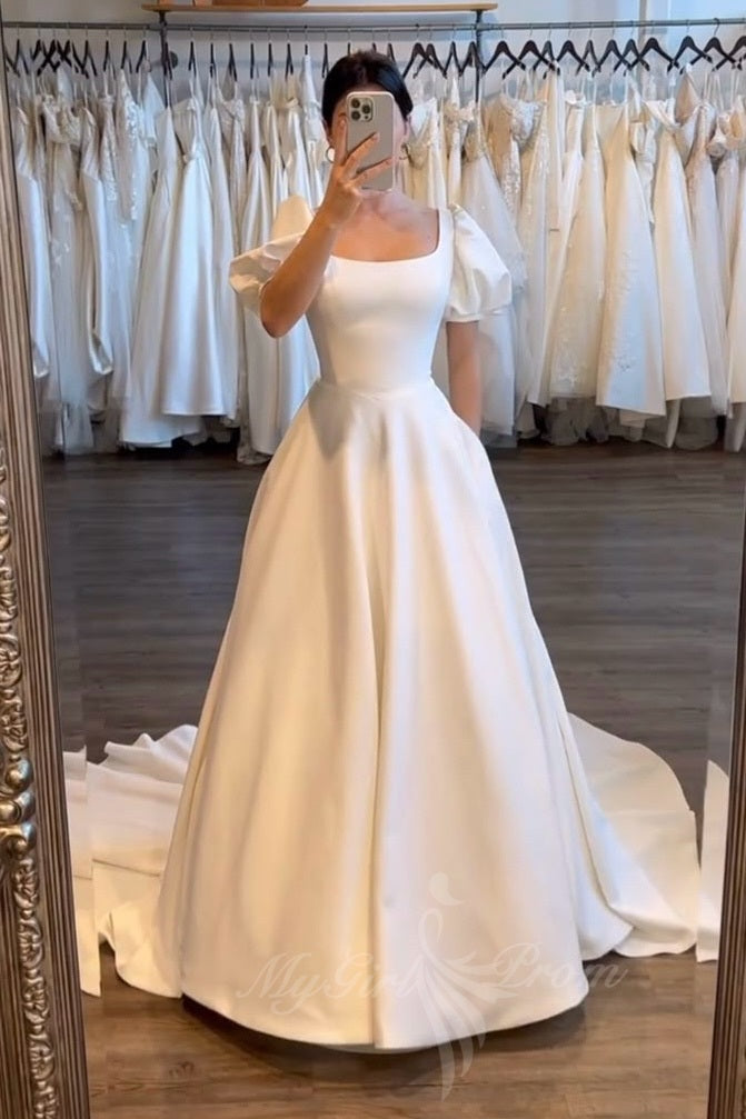 Princess Square Neck Satin Wedding Dresses Short Puffy Sleeves Bridal Gowns PW597