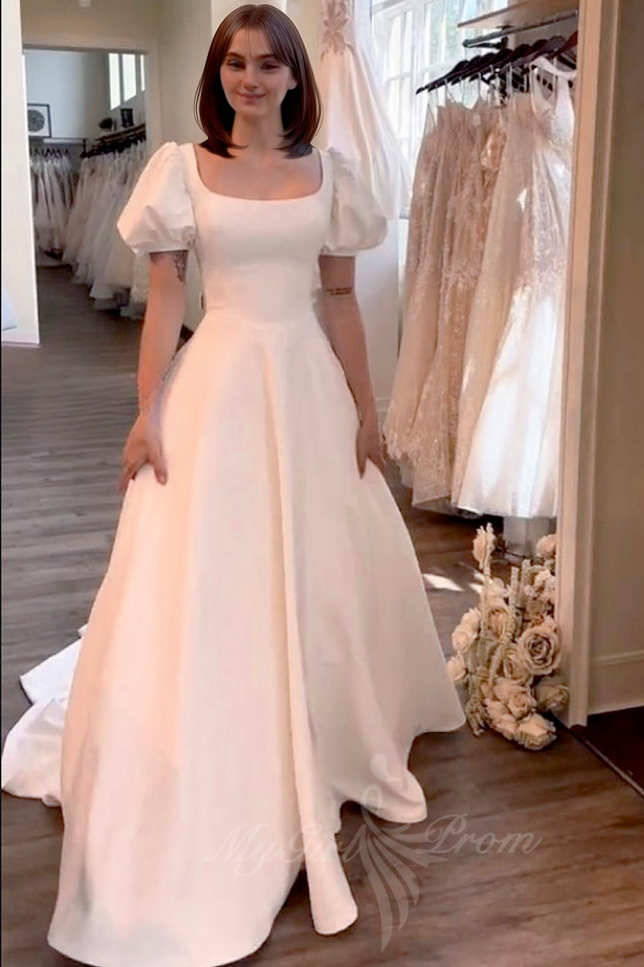 Princess Square Neck Satin Wedding Dresses Short Puffy Sleeves Bridal Gowns PW597