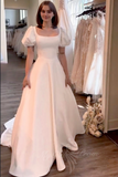 Princess Square Neck Satin Wedding Dresses Short Puffy Sleeves Bridal Gowns PW597