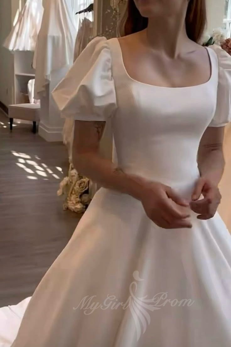 Princess Square Neck Satin Wedding Dresses Short Puffy Sleeves Bridal Gowns PW597