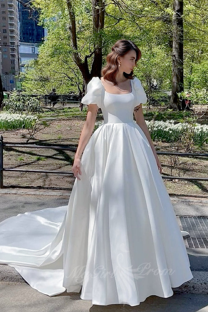Princess Square Neck Satin Wedding Dresses Short Puffy Sleeves Bridal Gowns PW597