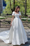Princess Square Neck Satin Wedding Dresses Short Puffy Sleeves Bridal Gowns PW597